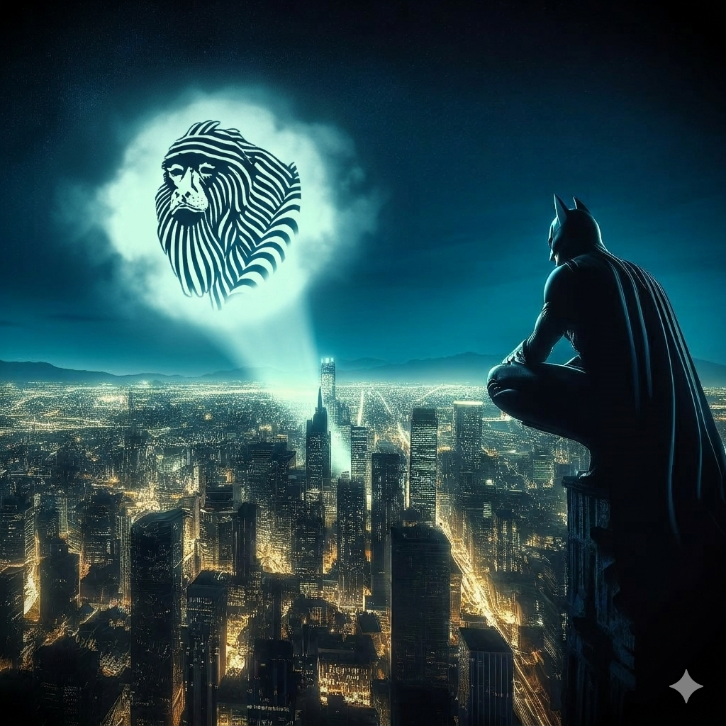 imagem do batman olhando em direção do seu chamado que no caso não é o morcego mas sim um macaco bugio sinalizando um bar no centro de floripa chamado Bugio Centro